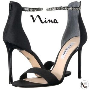 Nina Deena Black Satin Heeled Sandals Evening Stiletto Heel Pump Dress Shoes 8.5